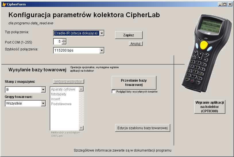 Rysunek 2: Konfiguracja kolektora CPT8XXX Na razie interesuje nas górna część tego okna, gdzie do wyboru mamy typ połączenia, port COM oraz jego szybkość.
