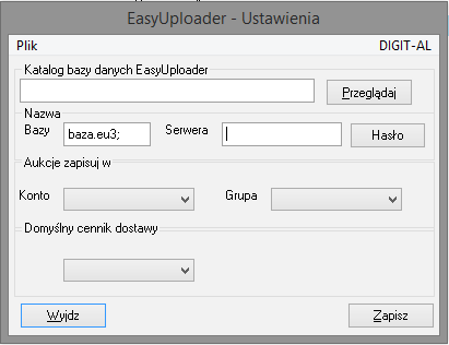 Konfiguracja dodatku Przy pierwszym uruchomieniu rozwiązania wyświetlone zostanie okno z ustawieniami: W oknie tym należy wprowadzić lokalizację katalogu z bazą danych programu EasyUploader, oraz