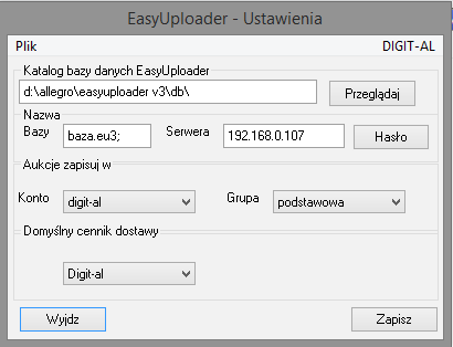 Ustawienia dodatkowe rozwiązania Wybieramy z menu Ustawienia- EasyUploader: W tej części ustawień należy wybrać konto oraz grupę allegro za pomocą którego będą