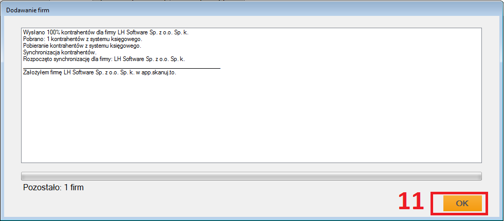 9) Zaznaczamy firmę z listy 10) Klikamy dalej do następnego kroku 11) Nastąpi pobranie danych z bazy, może potrwać kilka minut w zależności od wielkości bazy, po ukończeniu klikamy ok.