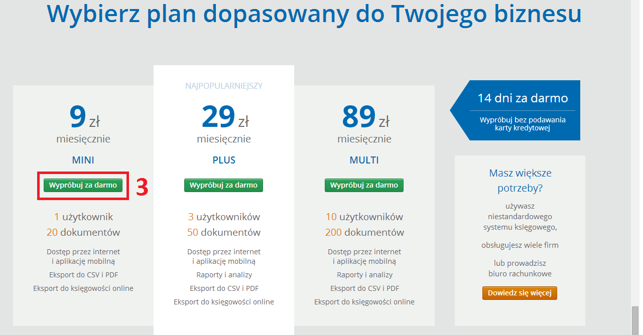 3) Klikamy Wypróbuj za darmo, wybierając przy odpowiednim