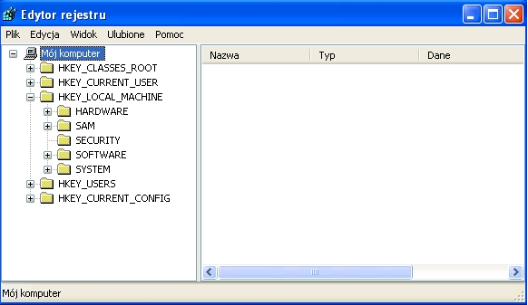i sieci komputerowe mgr inż. Szymon Wilk Rejestr systemu Windows 5 HARDWARE zawiera dane dotyczące wszystkich urządzeń zainstalowanych w komputerze (są to inf. o komponentach płyty gł.