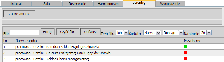 8.2.3 Zakładka Zasoby Pozwala na zdefiniowanie czyim i jakim zasobem jest dana sala.
