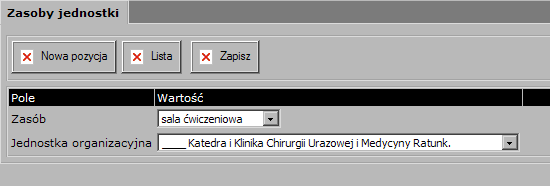 Przechodzimy do zakładki Zasoby jednostki, gdzie wybieramy zasób oraz jednostkę organizacyjną, następnie