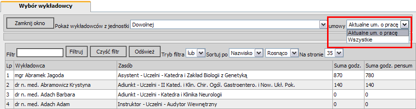 Wyświetli nam się wtedy dodatkowe okno z wyborem wykładowców. Uwaga!!! Domyślnie lista wykładowców ograniczona jest do wykładowców posiadających aktualną umowę o pracę.