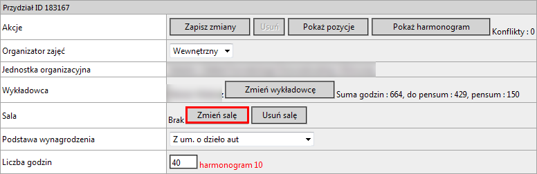 9.4.3 [--> NOWE <--] Przydzielanie sal Nowością w tym zakresie jest przydzielanie sal na harmonogramie zmianie uległ formularz oraz sposób wyszukiwania. Salę możemy przydzielać na 2 poziomach: 1.