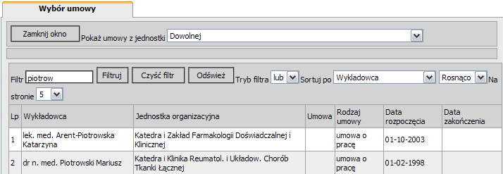 Znajdziemy się wtedy na zakładce Rozliczenie gdzie wybieramy umowę jaka będzie rozliczana: Z listy umów wybieramy interesującą nas umowę i klikamy [Zamknij okno].