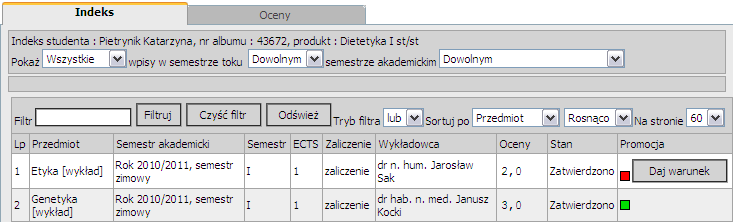 Uwaga!! Możemy kliknąć w kwadracik w kolumnie indeks zostanie wtedy wyświetlone nowe okno z indeksem studenta, w którym odnajdujemy pozycję, która nie pozwala na promocję studenta na następny semestr.