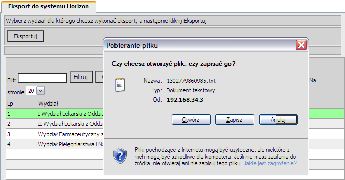 12.8 Eksport do sys. Horizon Akcja służy do eksportu danych studentów z systemu obsługi studentów przez dziekanaty do systemu obsługi biblioteki firmy Horizon.