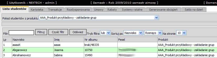 2.3.5 Kartoteka rozrachunkowa studenta Zakładka ta służy do wglądu w rozrachunki studentów. Aby zacząć się po niej poruszać musimy wybrać studenta, którego rozrachunki chcemy oglądać/edytować.
