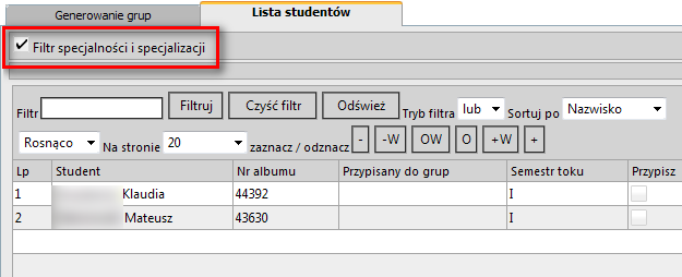Możemy ograniczyć listę wyświetlanych studentów jedynie do tych, którzy mają specjalność i/lub specjalizację zgodną z wybranym planem studiów.
