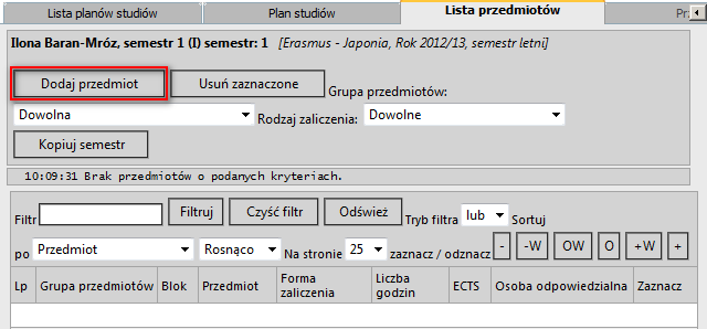 Aby uzupełnić plan studiów grupy IPS klikamy: Screen.