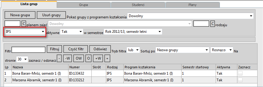 Po zdefiniowaniu planu studiów, zamykamy okno z planem studiów i na zakładce Grupy indywidualne klikamy [Aktywuj grupę]. Screen.