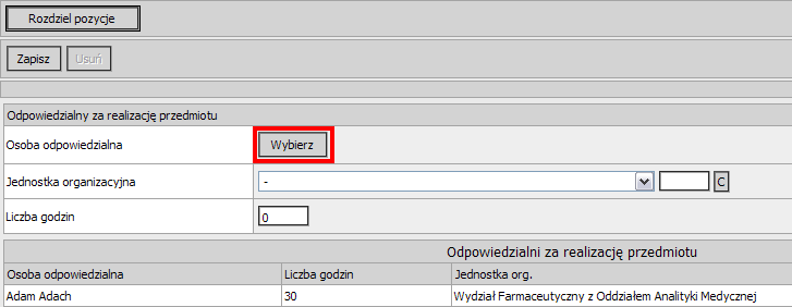 4.3 Rozdział pozycji Dziekanat -> Plany studiów -> Lista planów studiów (wybór planu) -> Plan studiów (wybór semestru) -> Lista przedmiotów (wybór przedmiotu) -> Przedmiot Rozdział pozycji planu
