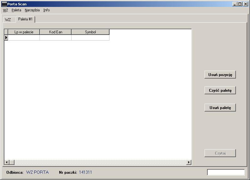 ETAP II Utworzenie palety, odczyt skanera. Po utworzeniu nowej czystej Palety tj.
