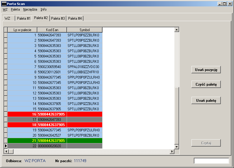 Podobnie odznaczone zostaną informacje w zakładkach utworzonych palet : Dodatkowy odczyt już po porównaniu WZ, odznaczony jest kolorem zielonym, gdy odczyt jest prawidłowy, ewentualnie szary gdy EAN