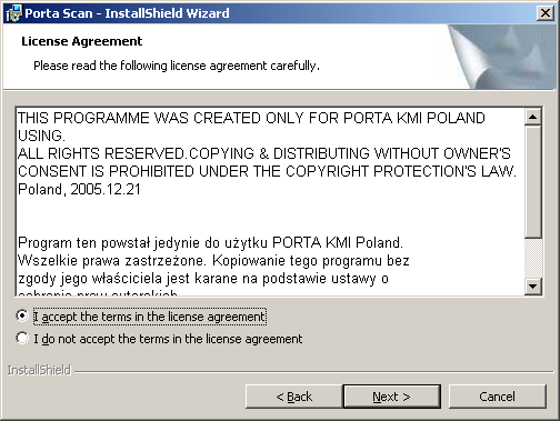 Należy zaakceptować warunki licencyjne (zaznaczając I accept.