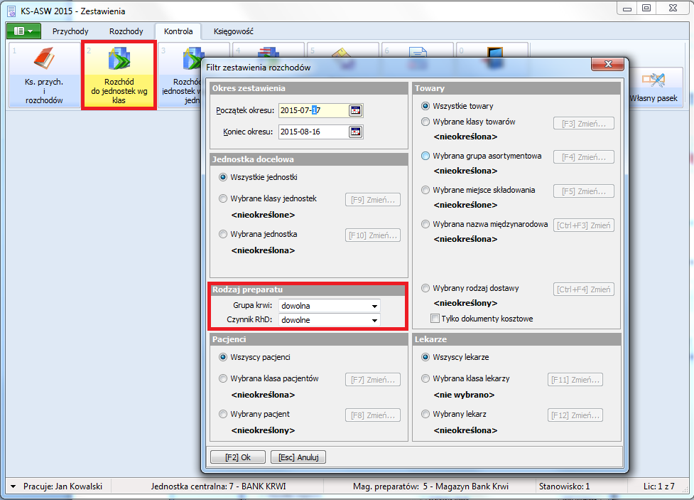 ASW21 ZESTAWIENIA BANK KRWI: W funkcjach "Rozchód do jedn. wg klas", "Rozchód do jedn. wg klas i jednostek", "Bilans przychodów i rozchodów" dodano możliwość filtrowania danych wg rodzaju krwi.