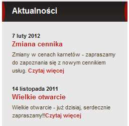 Rysunek 21. Podgląd aktualności Okno aktualności jest doskonałym narzędziem do szybkiego przekazu informacji dla wszystkich osób odwiedzających stronę klubu.