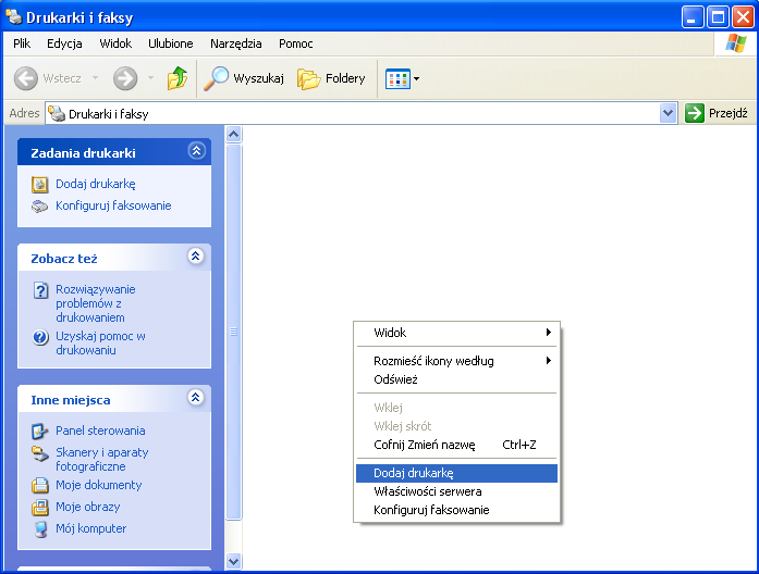 2.4. Okno Drukarki i faksy (Rys. 1) Aby dodać nową drukarkę należy przejść do okna Drukarki i faksy systemu Windows: Rysunek 1: Menu start 2.