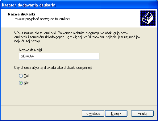 2.10. Nowa drukarka (Rys. 7) Zamiana sterownika drukarki. Rysunek 7: Kreator dodawania drukarki - podmiana sterownika 2.11.