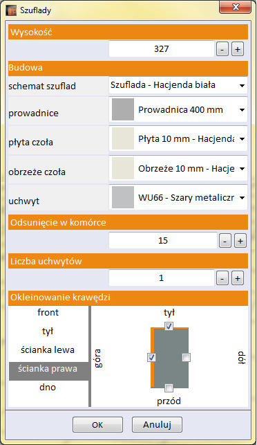 133), w którym można: wybrać kolor płyty i obrzeża; wskazać krawędzie, które mają być okleinowane; wysunąć w lewo lub w prawo poza obręb szafy - jeśli półka znajduje się w komórce bez bocznej ścianki