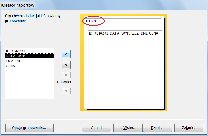 6 Utworzyć raport prezentujący dane z kwerendy wyp_ksiazek pogrupowane według pola ID_CZ (identyfikator czytelnika).