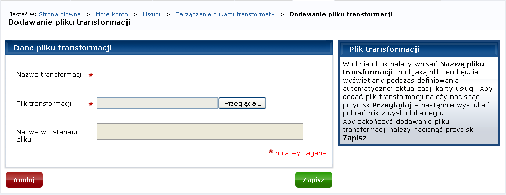 Rysunek 94. Lista plików transformaty Krok 2. Naciśnij przycisk Dodaj plik transformaty, Ŝeby dodać nową transformatę do listy. System wyświetli formatkę dodawania pliku transformującego (Rysunek 95).
