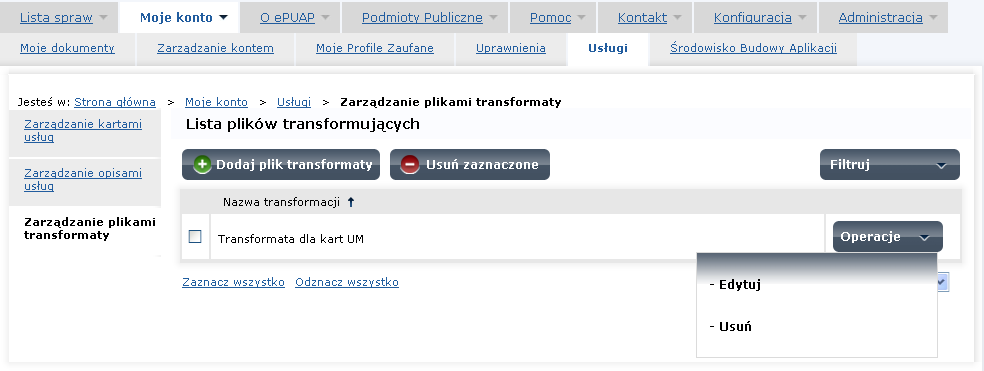 Rysunek 97. Lista plików transformaty Krok 2. Aby zmodyfikować wybrany plik transformaty, naciśnij przycisk Operacje znajdujący się w wierszu z nazwą tego pliku.