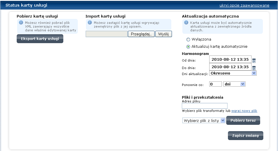 Rysunek 108. Status karty usługi. Krok 5. W sekcji Harmonogram (Rysunek 109) uzupełnij pola: 1.
