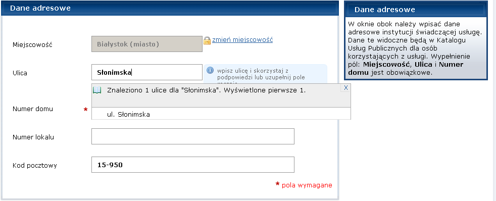 Rysunek 39. Edycja danych adresowych wprowadzanie miejscowości Krok 5b. JeŜeli chcesz zmienić nazwę ulicy na inną niŝ ta pobrana z profilu podmiotu, naciśnij przycisk zmień ulicę (Rysunek 38).