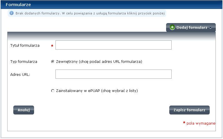 2. W polu Adres URL wpisz adres pod jakim dostępny jest formularz. 3. Po wpisaniu danych naciśnij przycisk Zapisz formularz. Rysunek 47.