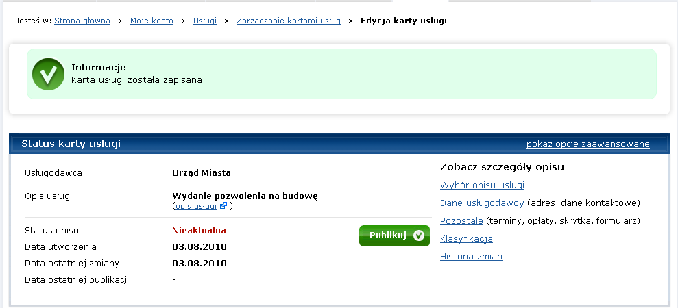 Rysunek 59. Edycja karty usługi komunikat o zapisaniu danych Krok 9.