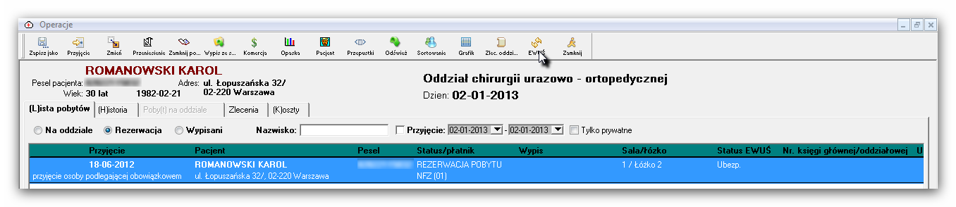 e-wuś Oddział Krok 1: Wybieramy z menu głównego Oddział->Oddział i logujemy się na konkretny dzień.