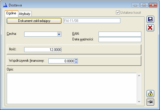 Parametry dostawy: Rys. 8.10 Dostawa. Dokument zakładający wskazuje numer dokumentu źródłowego. Po naciśnięciu przycisku:, zostanie otworzony dokument zakładający dostawę.