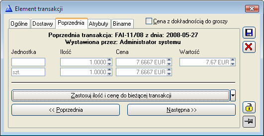 Rys. 8.11 Element transakcji FAI, zakładka: Poprzednia. 8.5.4 Faktura zakupu importowa, zakładka: Kontrahent Na zakładce wyświetlane są szczegóły danych dostawcy, przepisane z karty kontrahenta.