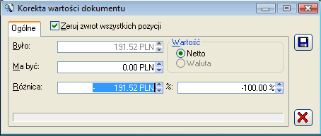 [Zmień] - otwiera okno edycji podświetlonej pozycji (elementu transakcji). [Zeruj zwrot] - naciśnięcie spowoduje wyzerowanie ilości i wartości zaznaczonych pozycji.