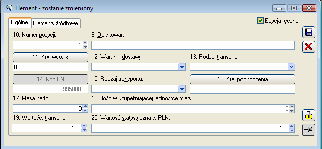 8.15.6.1 Okno: Element, Ogólne Wartości wyświetlone w oknie: Element, pobierane są z transakcji przeprowadzonych w okresie, za który sporządzana jest deklaracja.