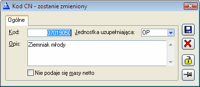 Rys. 8.72 Lista kodów CN. Na liście informacje wyświetlone są w kolumnach: Kod kod CN dla danego towaru. Opis opis towaru. Jed. uzup. jednostka uzupełniająca towaru.