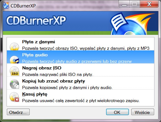 Nagrywanie płyt CD Audio 1. Włóż do napędu pustą płytę CD-R lub CD-RW 2. Jeżeli Windows wyświetlił okienko Autoodtwarzanie zamknij je. 3.