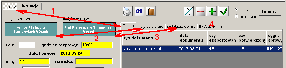 Praca w programie dodawanie instytucji. Po wyborze lewej zakładki Instytucje można dodać instytucję do listy. Wpisujemy wymagane informacje w polach po lewej stronie.