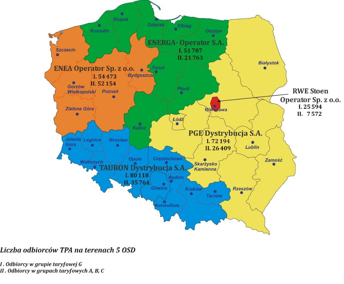 danych przedstawionych przez OSD. Z analizy danych przedstawionych przez poszczególnych operatorów wynika, że w 2014 r. korzystanie z prawa TPA było zróżnicowane w zależności od regionu kraju (rys.