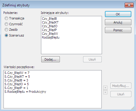 zdefiniowano (atrybuty): Błąd_B, Błąd_KT, Błąd_O, Błąd_P, Błąd_W (Rysunek 7a).