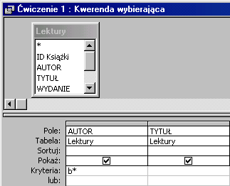 Pokaż książki autorów, których nazwisko zaczyna się na literę B. Odpowiedź: 29 pozycji. W oknie Baza danych wybierz obiekt Kwerendy, Utwórz kwerendę w widoku projektu. W wierszu Kryteria wpisz b*.