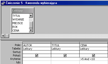 Pokaż książki droższe niż 5 zł oraz tańsze niż 10 zł. Utwórz kwerendę w widoku projektu dla tabeli Lektury. Wprowadź pola AUTOR, TYTUŁ i CENA.