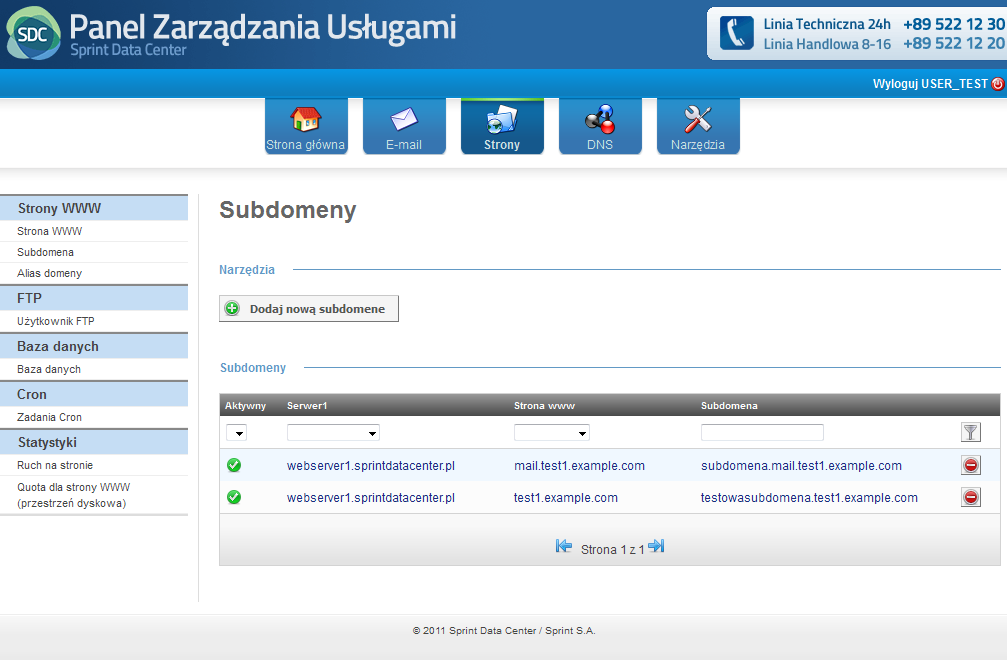 Subdomena Pozycja Subdomena umożliwia dodanie nowych lub edytowanie/usuwanie istniejących subdomen.