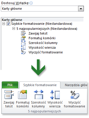 Ulubione polecenia zawsze pod ręką W lewym górnym rogu okna programu Excel na pasku narzędzi Szybki dostęp znajdują się skróty do często używanych poleceo.