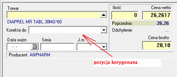 Inne błędy w pozycjach (towar, data ważności, numer serii, jednostka dostawy) poprawiasz za pomocą funkcji dostępnej po kliknięciu na (rys. 6-24). Rysunek 6-24 Korekta błędów w pozycji dostawy.