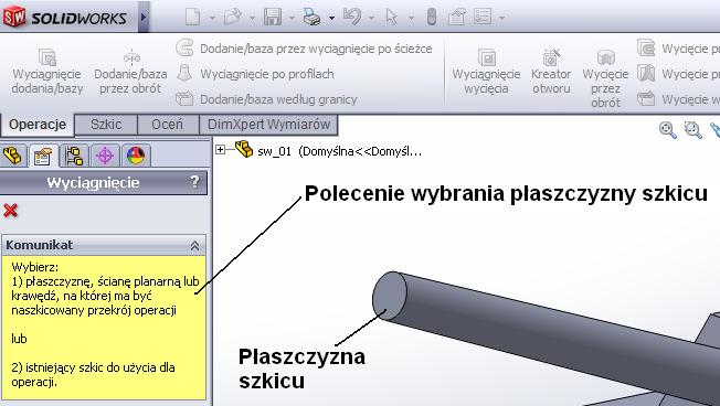 Otwór Wyciągnięcie wycięcia W walcu zaprojektujmy otwór. Konstrukcję tę wykonamy w następujących krokach: 1. Wybierzemy narzędzie wycinające narysowanym szkicem otwór w bryle modelu. 2.