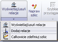 Rysunek 21. Wywołanie okna kontrolującego relacje (więzy) szkicu W lewej części ekranu pojawi się okno właściwości Dodaj relacje.